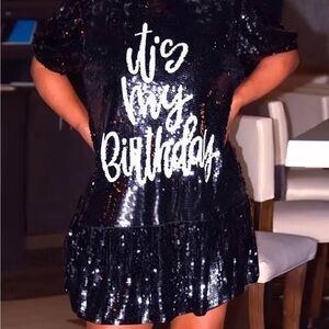 Black Sequin 'It's My Birthday' Dress